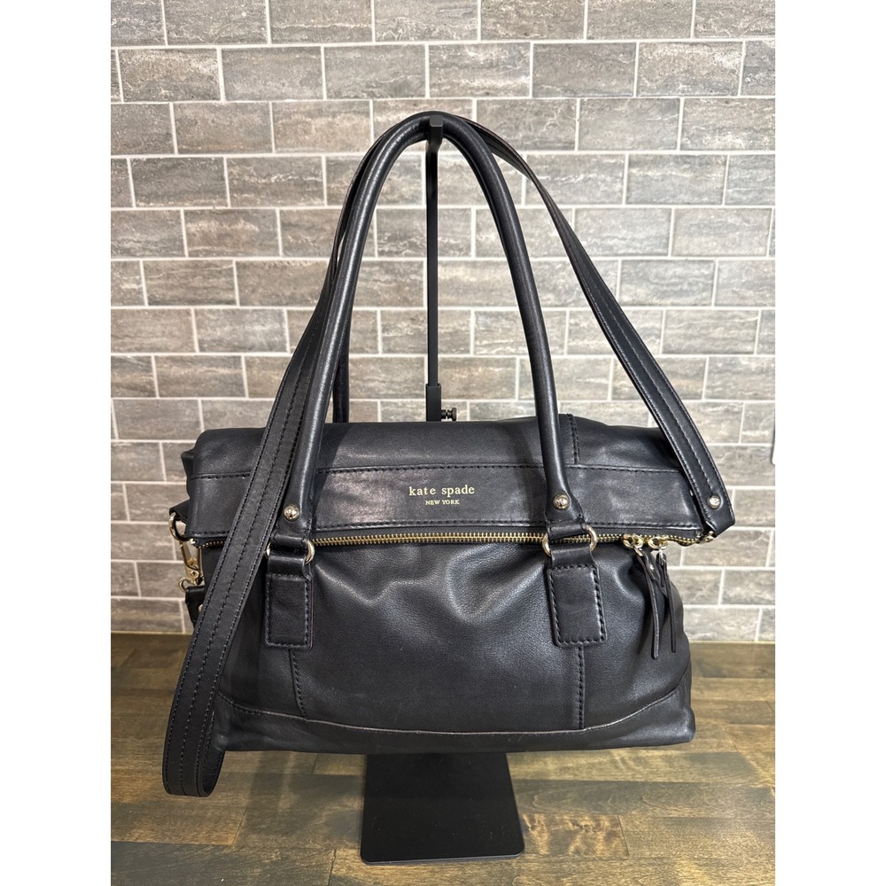 Kate Spade New York Black Leather Satchel Bag Gold Hardware Crossbody Strap
